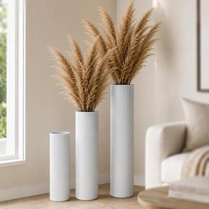 White Tall Ribbed Floor Vase - Set of 3 Metal Large Decorative Vases