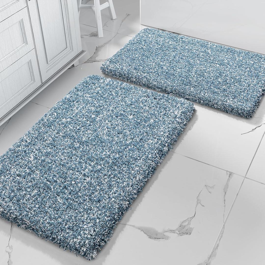 Yimobra Bathroom Rug Set 2 Piece, Soft Absorbent Microfiber Bath Mat Set, Non Slip Machine Washable Dry, Plush Shaggy Shower Rugs for Bathroom Floor, 32"x20"+24"x17", Denim Blue and White