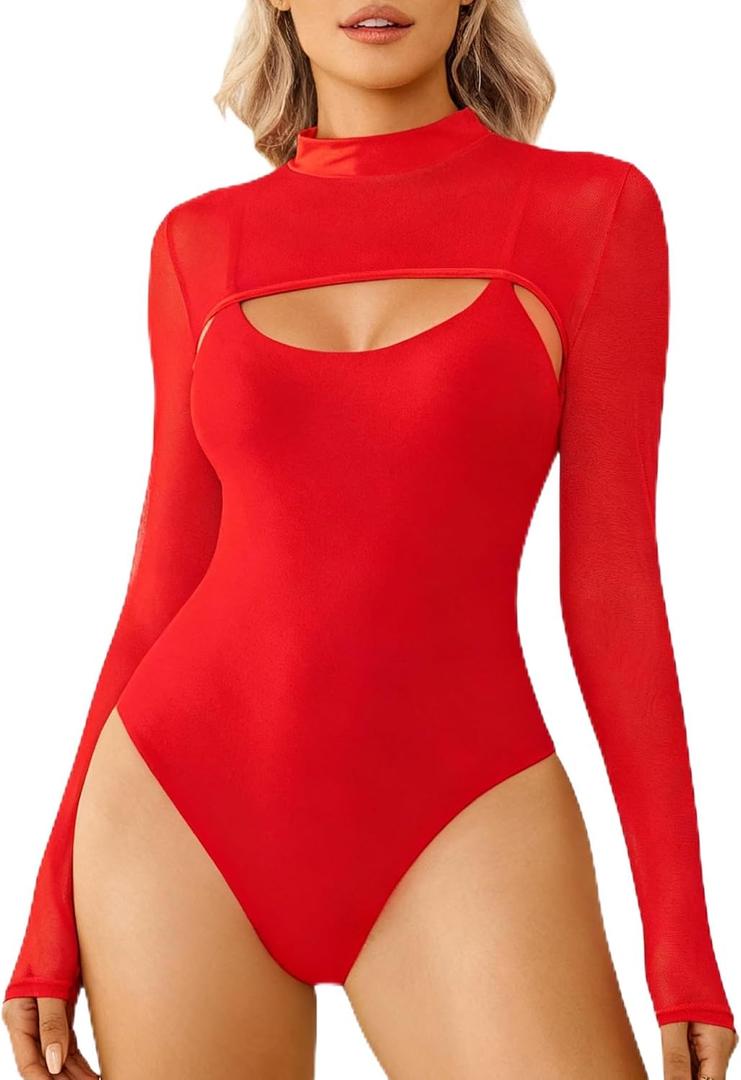 Avidlove Sexy Bodysuits for Women Turtle Neck Double Lined Bodysuit Mesh Trendy Tops Slimming Bodysuit Outfit Red M