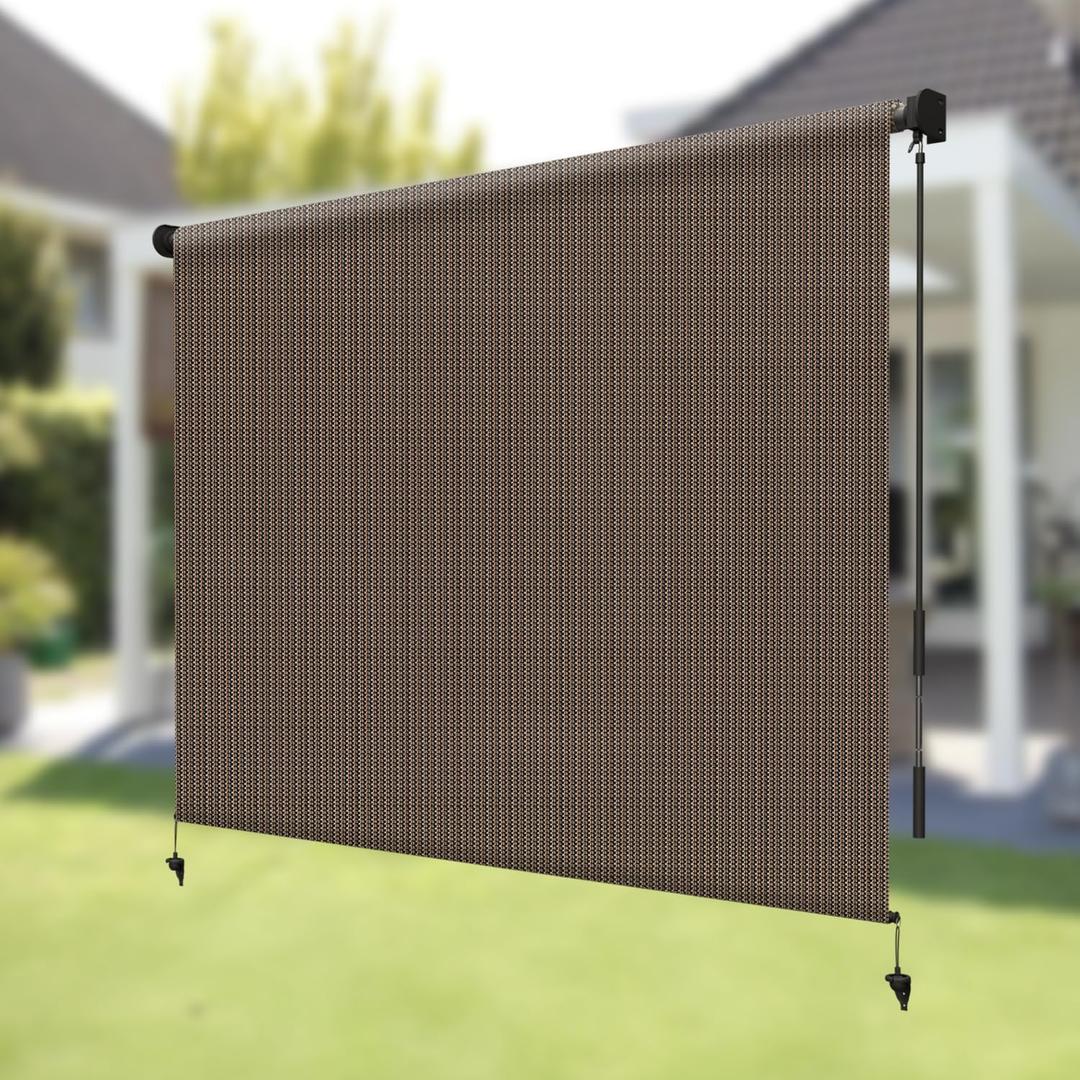 SUNNY GUARD Outdoor Roller Shades 8' W x 8' H Privacy UV Block 230GSM Heavy-Duty HDPE with Splicing Design, Cordless Patio Roll Up Blinds for Porch, Pergola, Deck, Balcony, Mocha