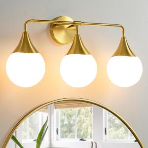Bathroom Vanity Light Fixtures: 3-Light Mid Century Modern Bathroom Lighting Fixtures Over Mirror - Brass Gold Wall Sconce with Milky White Globe Glass for Bath Living Room