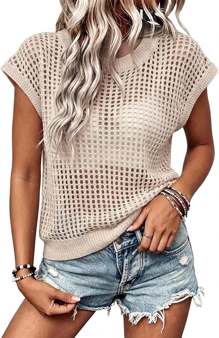 Lepunuo Women's Summer Crochet Top Cap Sleeve Hollow Out Cover Ups Casual Cruise Beach Vacation Tops Knit Pullover Sweater (Beige, 3XL)