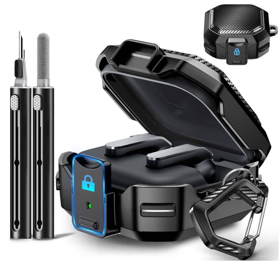 for Samsung Galaxy Buds 4 Pro Case 2026,with Safty Lock Carbon Fiber Galaxy Buds 4 Pro Cover for Men Women,Support Wireless Charging with Keychain & Cleaner Kit- Black