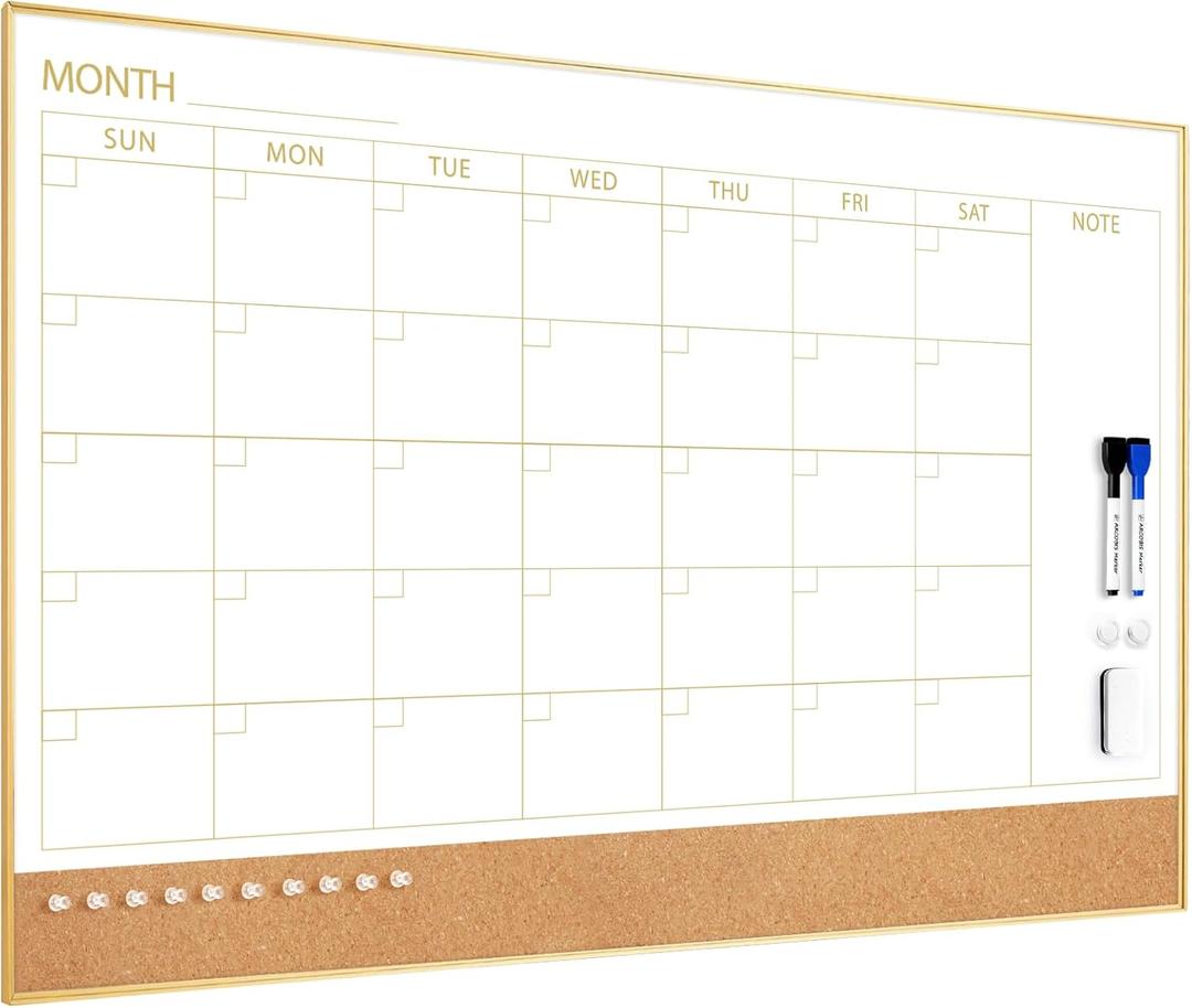 ARCOBIS Dry Erase Calendar Whiteboard Cork Board Combo, 36"x24" Magnetic White Board Calendar Dry Erase for Wall, Gold Frame Monthly Combination Board for Office, Home, School