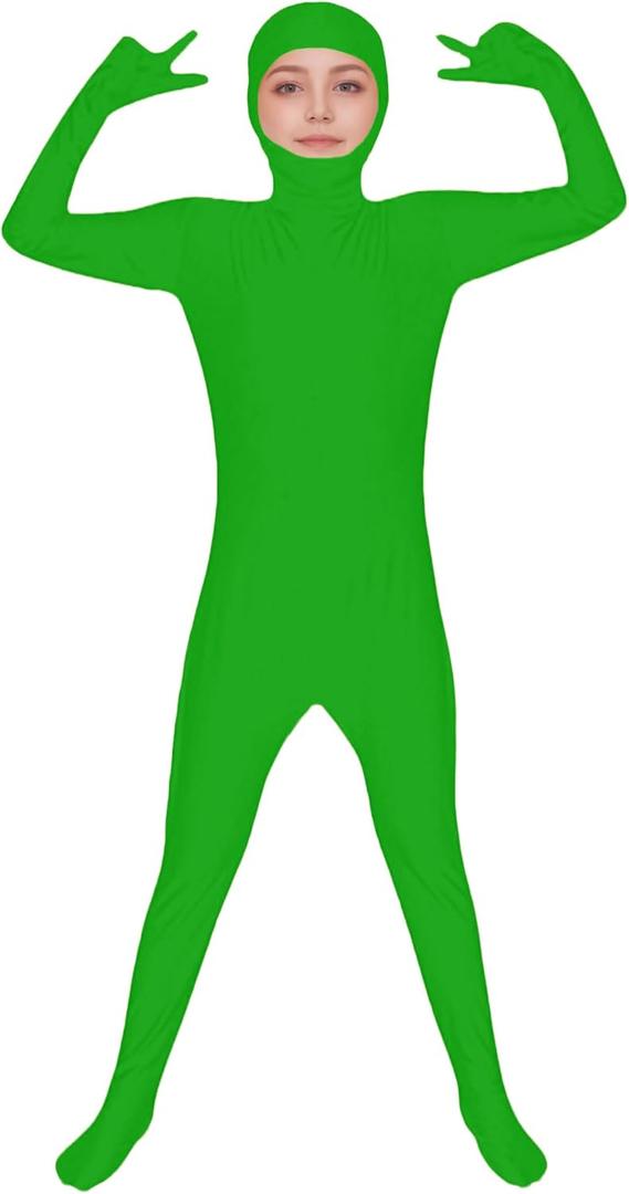 ATHX Kids High Stretch Spandex Halloween Cosplay Bodysuit Costume Open Face Unitard Child Full Body Skin Suit Zentai Suit (Green, XL)