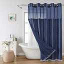 eachope No Hook Boho Farmhouse Shower Curtain with Snap-in Liner Set,Linen Rustic Heavy Duty Striped Fabric Shower Curtain with Tassel,Hotel Style Cloth Shower Curtains for Bathroom,Navy Blue,71x74