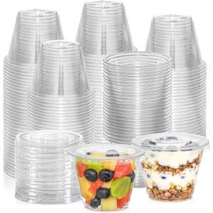 AOZITA [50 Sets, 9 oz Clear Plastic Cups With Flat Lids No Hole, Disposable Cups With Lids for Ice Cream, Pudding, Cake, Snacks Smoothie, Milkshake, Cold Drinks