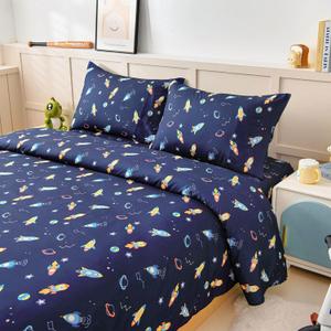 Full Size Sheet Set for Kids Boys, 4-Piece Bed Sheet Set for Teens Boys Girls, Cartoon Printed Bedding Set, Microfiber Deep Pocket, Wrinkle & Fade Resistant, Space Rocket