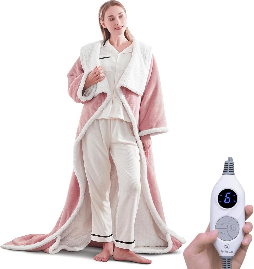 Westinghouse Electric Snuggle Throw Blankets with Foot Pocket, Wearable Heated Blanket with Sleeves, 6 Heating Levels & 2 to 10 Hours Heating Time Settings, 50 * 70"+18", Pink