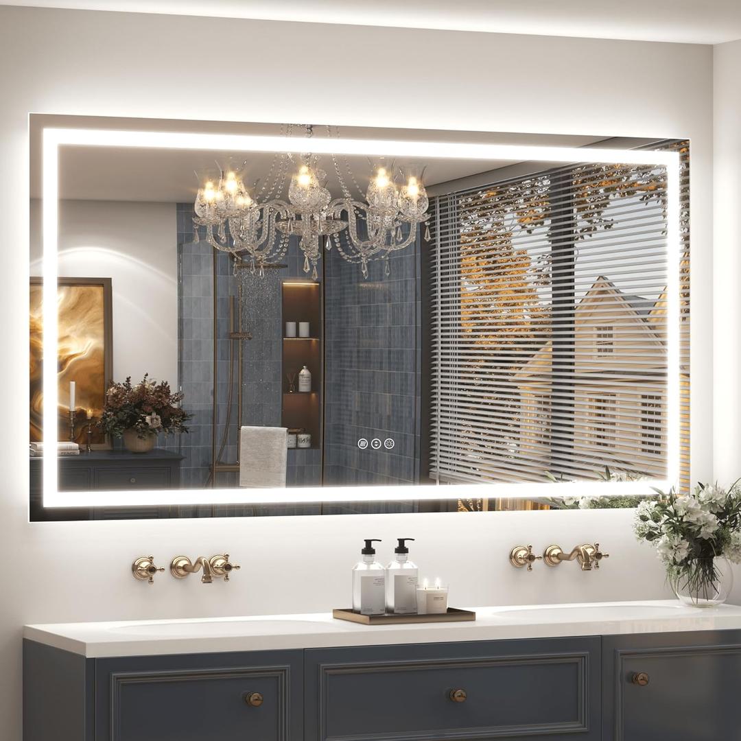 66x36 LED Bathroom Mirror for Wall, Large Dimmable Vanity Mirror with Lights, Anti-Fog, Shatterproof, Memory, 3 Colors, ETL Listed (Backlit and Front Lighted)