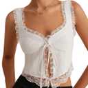 MakeMeChic Women's Floral Lace Camisole Tops Sleeveless Tie Front Wide Strap Crop Tank Top (Medium, White)