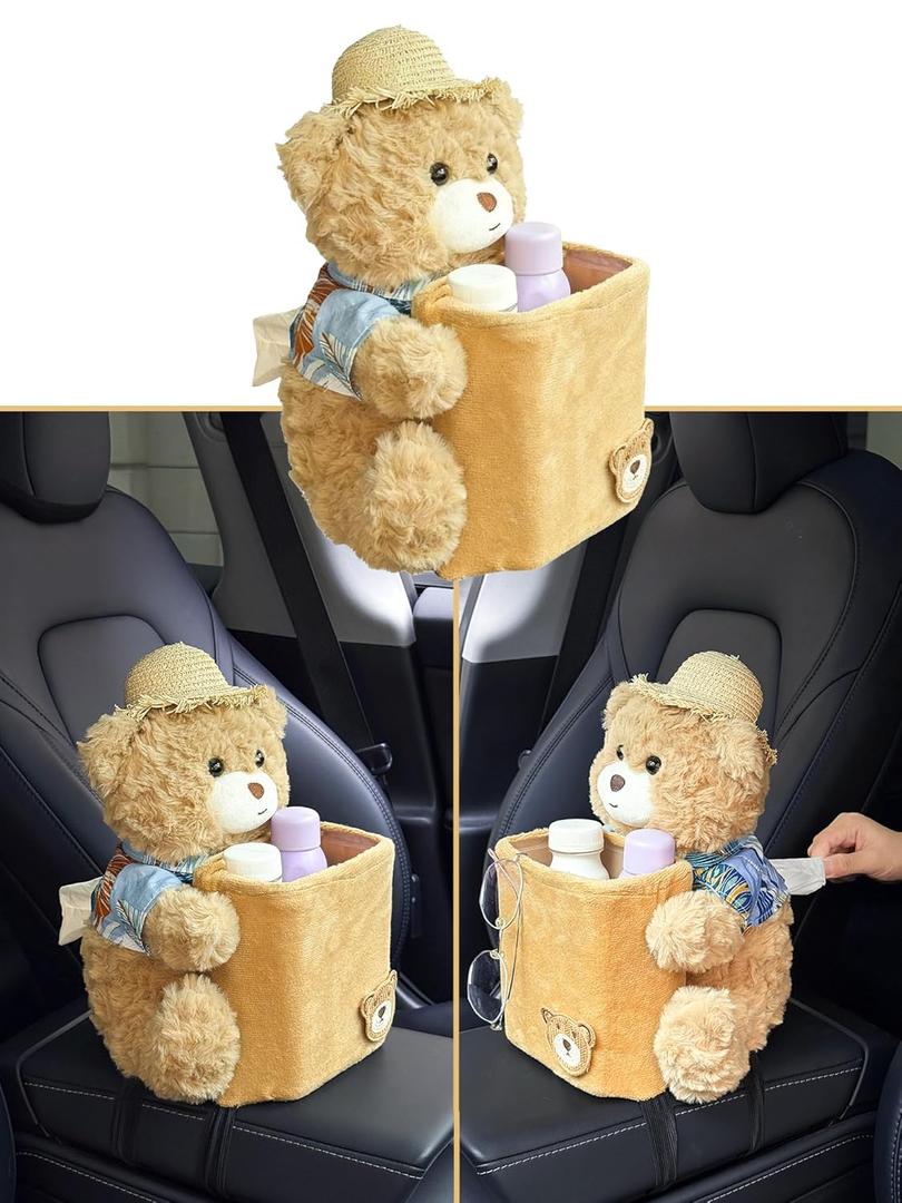 Cute Plush 2 in 1 Car Tissue Box and Trash Can Teddy Bear Tissue Box Plush Animals Cute Holder Plushie Multifunctional Organizer Creative Accessories for Women,Straw Hat Bear