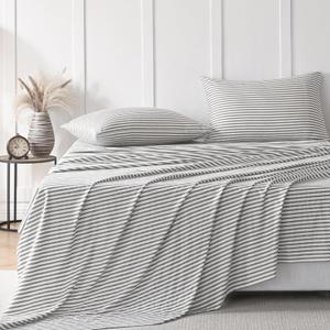 JELLYMONI Striped Sheets Set King Size, 4 Pieces 100% Cotton Bed Sheets - 16" Deep Pockets Fitted Flat Sheet & Pillowcase Bedding Set, Ultra-Soft, Machine Washable