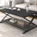 LVB Black Coffee Table, Metal Wood 2 Tier Center Tables with Storage Shelf, Modern Rectangular Cocktail Tea Table for Living Room, Wooden Middle Concrete Table for Office Bedroom, 39 inch, Black Oak