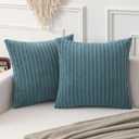 Kevin Textile Soft Corduroy Throw Pillow Covers Pack of 2 Plush Striped Decorative Square Cushion Covers Pillowcases Accent Boho Home Decor for Couch Sofa Bed Chair 18x18 Inch, Blue Grey