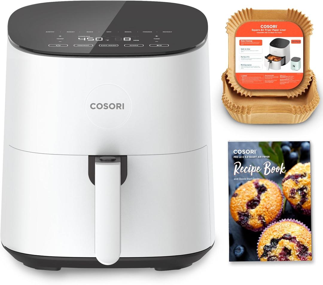 COSORI Air Fryer Pro LE 5-Qt Airfryer, With 20PCS paper liners, 10 Functions that Dry, Bake, Roast &Preheat, Shake Reminder, Up to 450, 85% Oil less, Compact, 130+ Recipes, Dishwasher Safe, White COSORI Air Fryer Pro LE 5-Qt Airfryer, With 20PCS paper liners, 10 Functions that Dry, Bake, Roast &Preheat, Shake Reminder, Up to 450, 85% Oil less, Compact, 130+ Recipes, Dishwasher Safe, White