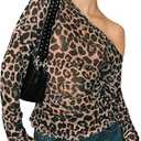 GORGLITTER Women's Cheetah Long Sleeve Off The Shoulder Mesh Tops Ruched Sheer Asymmetrical Shirts, Medium