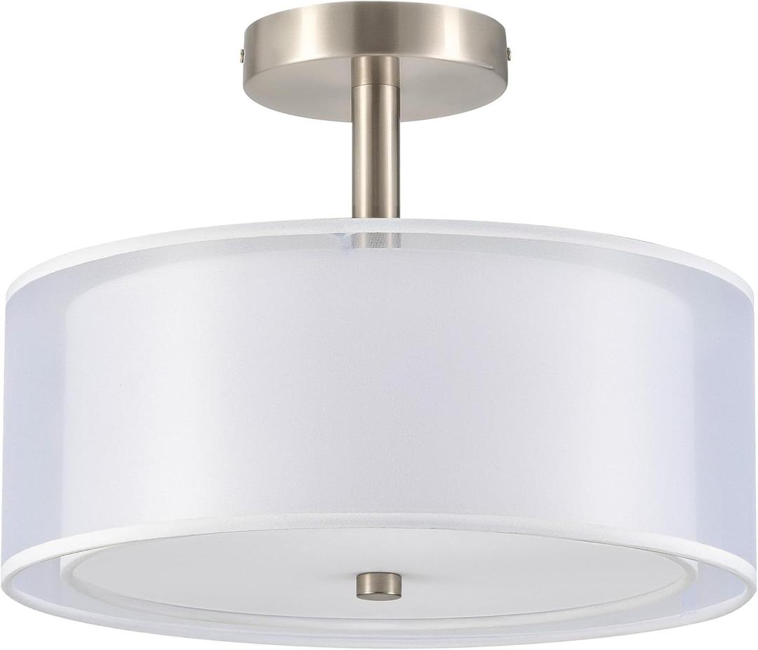 VONLUCE Semi Flush Mount Ceiling Light, 13'' Ceiling Light Fixture with 2-Layer Fabric Shade, 3-Light Modern Drum Light Fixture for Bedroom Living Room Entryway Hallway, White Shade & Nickel Finish
