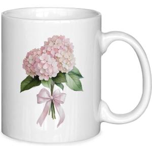 Coquette Pink Bow Hydrangea Spring Floral Porcelain Mug, Pretty Plant Lady Coffee Cup Mugs Gifts for Women, Summer Ceramic 11 oz Coffee Mug Cups