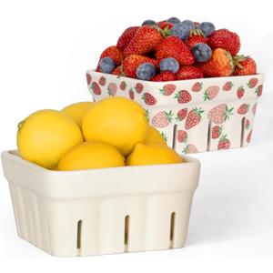 AELS Ceramic Berry Basket, 5.9" Container for Fruit & Vegetables, Farmhouse Fruit Bowl, Strawberry Decor, Farmers Market, White Pink and Cute Strawberry Pattern, Stoneware Harvest Bowls for Kitchen