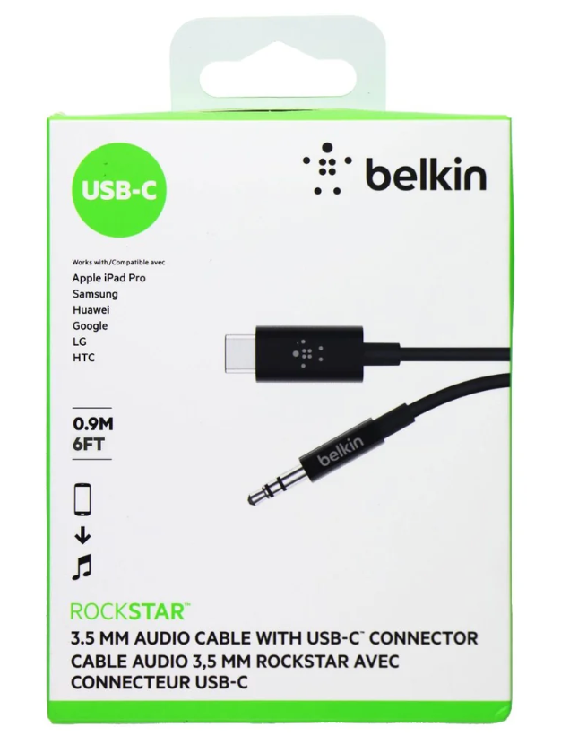 Belkin Rockstar 6FT USB-C to (3.5mm) Aux Cable - Black