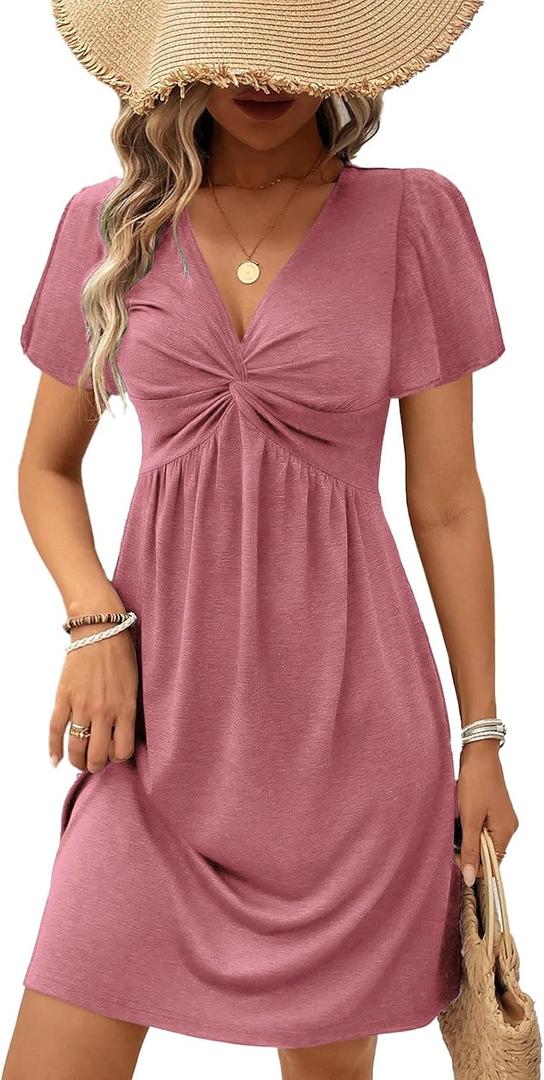 Acelitt Womens Casual Fashion Trendy 2026 Summer Twist Front V Neck Short Sleeve Mini Dress High Waist A Line Ruffle Dresses Sundress Pink Small