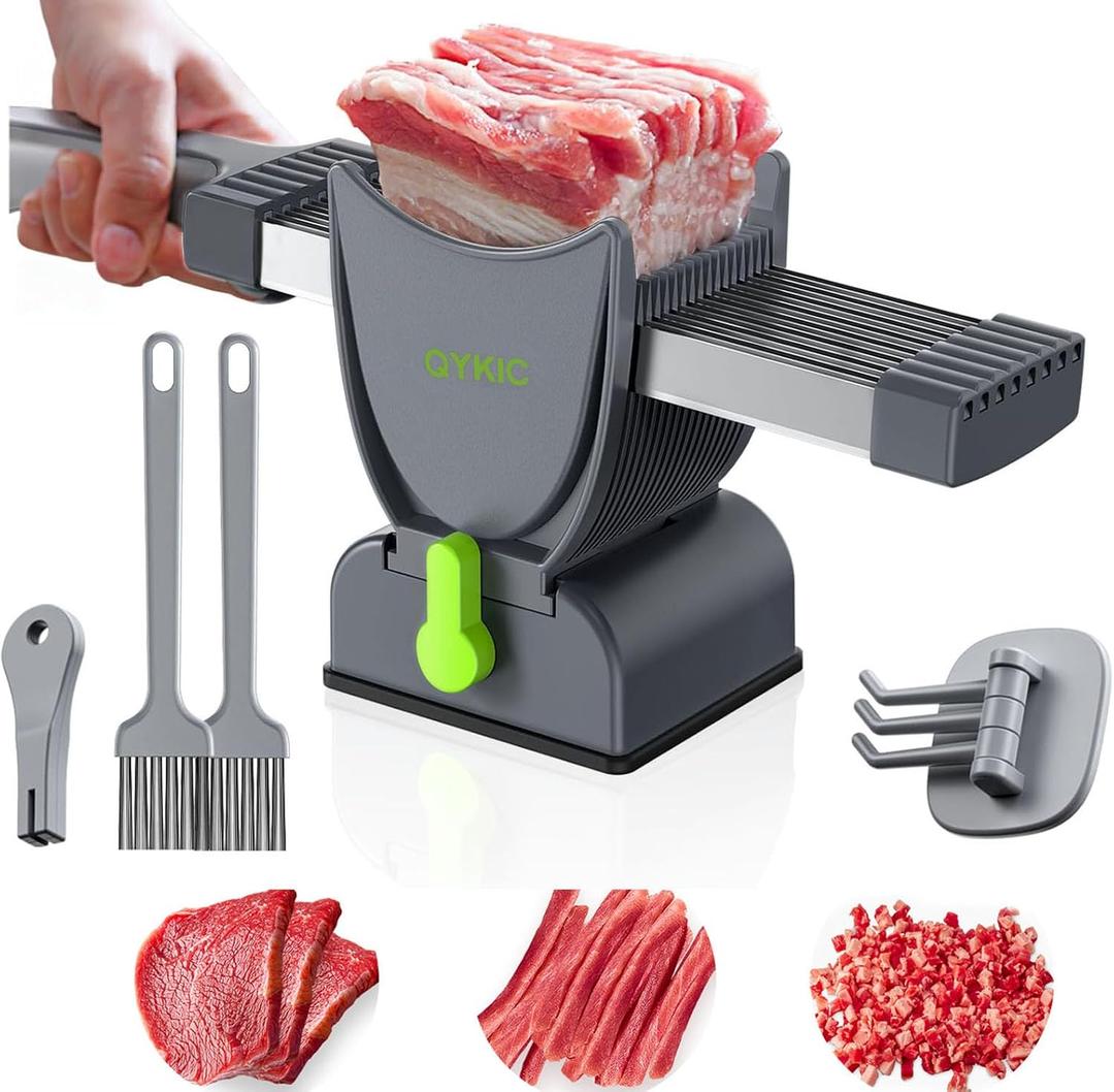 Fresh Meat Slicer, Thickness Adjustable Stainless Steel Kitchen Cleaver Knife Set With Block, Manual Fresh Meat Cutter Jerky Slicer For Beef Pork, Cooking BBQ Hot Pot (Gray)