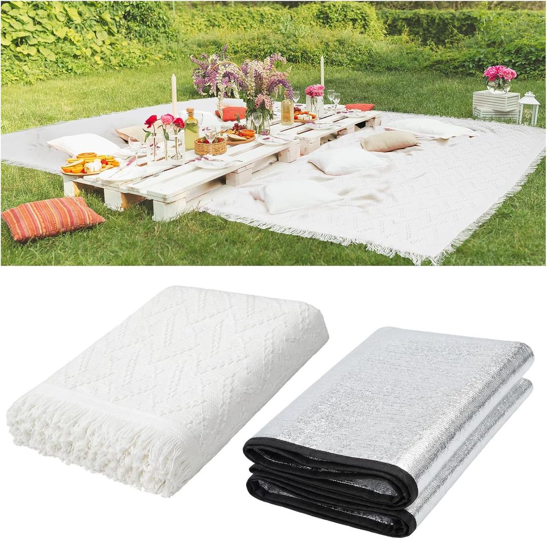 Hahafelt 91x 71 in Extra Large Outdoor Picnic Blanket with Waterproof Mat Oversize Beach Woven Cotton Yarn Blanket with Fringe Machine Sandproof for Spring Summer Camping Beach Park(Boho,White)