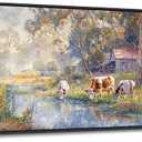 JEAWA Framed Canvas Wall Art - 20x40 IN Watercolor Landscape Painting Ready to Hang, Country Picture with Wooden House and Green Trees, Cow Art Prints for Bedroom Bathroom Home Decoration