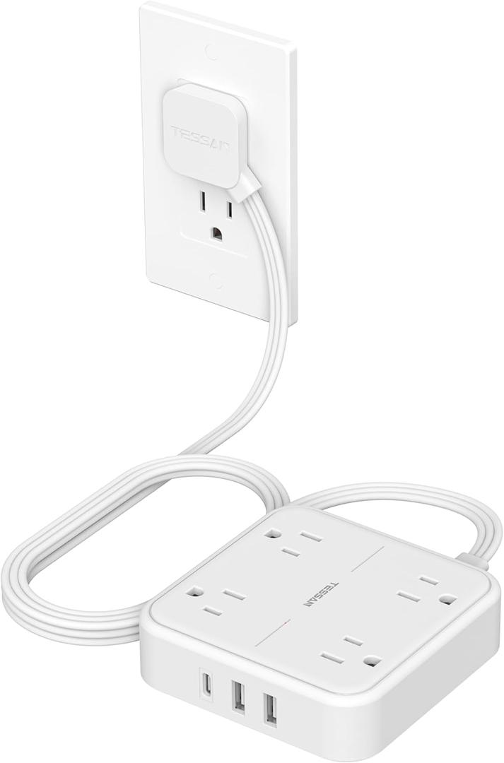 TESSAN Surge Protector Flat Extension Cord 5Ft, Flat Plug Power Strip with 4 Outlets 3 USB Ports (1 USB C), 900 Joules Protection, Multiple Wall Outlet Extender Suitable for Home Office Dorm, White