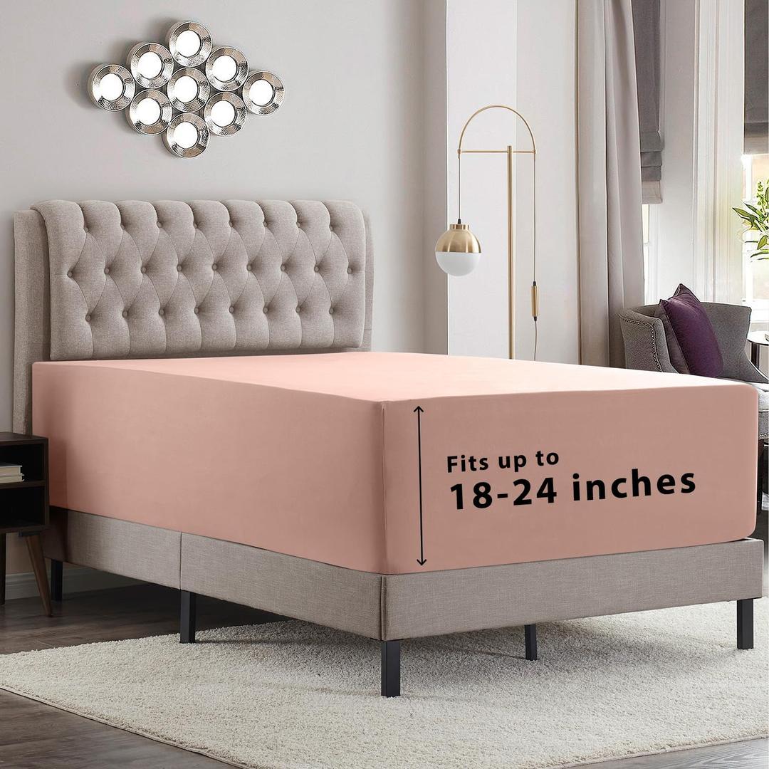 Empyrean Blush Pink Extra Deep Pocket King Fitted Sheet Only, Hotel Luxury King Size Fitted Sheets Easily Fits 18 to 24 Inch Mattress, Super Soft, Wrinkle-Free Bottom Sheets with Corner Straps