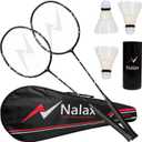 Nalax Badminton Set, 2 Player Badminton Rackets Professional Graphite High-Grade Badminton Racquet with 3 Shuttlecocks and 1 Carrying Bag for Outdoor Backyard Games Perfect for Adults Kids, One Size