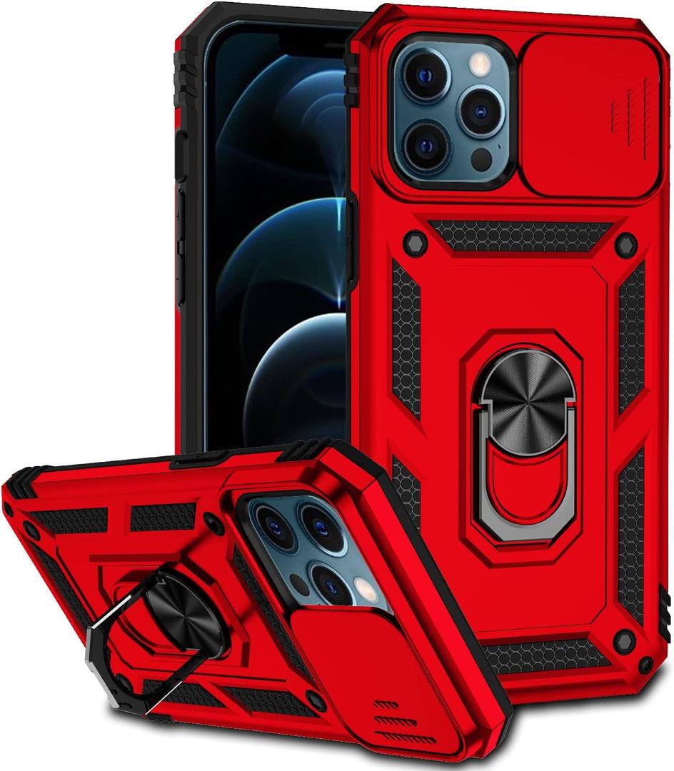 Phone Case for iPhone 12 Pro Max with Camera Lens Cover HD Screen Protector,Military Grade Ring Car Mount Kickstand Hybrid Hard PC Soft TPU Shockproof Protective Red