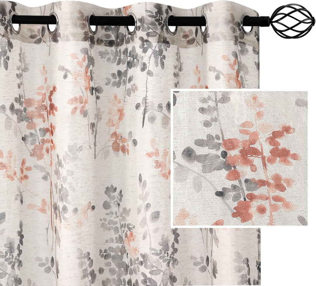 H.VERSAILTEX Sheer Linen Curtains 84 Inch Long Semi Sheer Curtains Draperies for Living Room/Bedroom Vintage Classical Floral Printing Window Treatment Grommet 2 Panels, Coral and Taupe