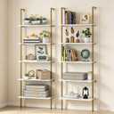 Ladder Shelf 5 Tiers Wall Mounted Bookshelf 2-Piece White Marble Modern Bookshelf Open Tall Storage Bookcase Standing Leaning Wall Shelves Industrial Decorative for Home Office Living Room