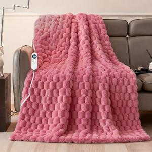 Electric Blanket 50" x 60" Soft Ribbed Faux Fur Flannel Quick Heat 12 Heat Levels 1-12 Hour Timer & Overheat Protection & Auto Shut Off & ETL FCC (Blush Pink, Throw 50" x 60")