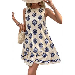 BLENCOT Womens Boho Dress Sleeveless Ruffle Mini Summer Vacation Casual Dresses (Beige, M)