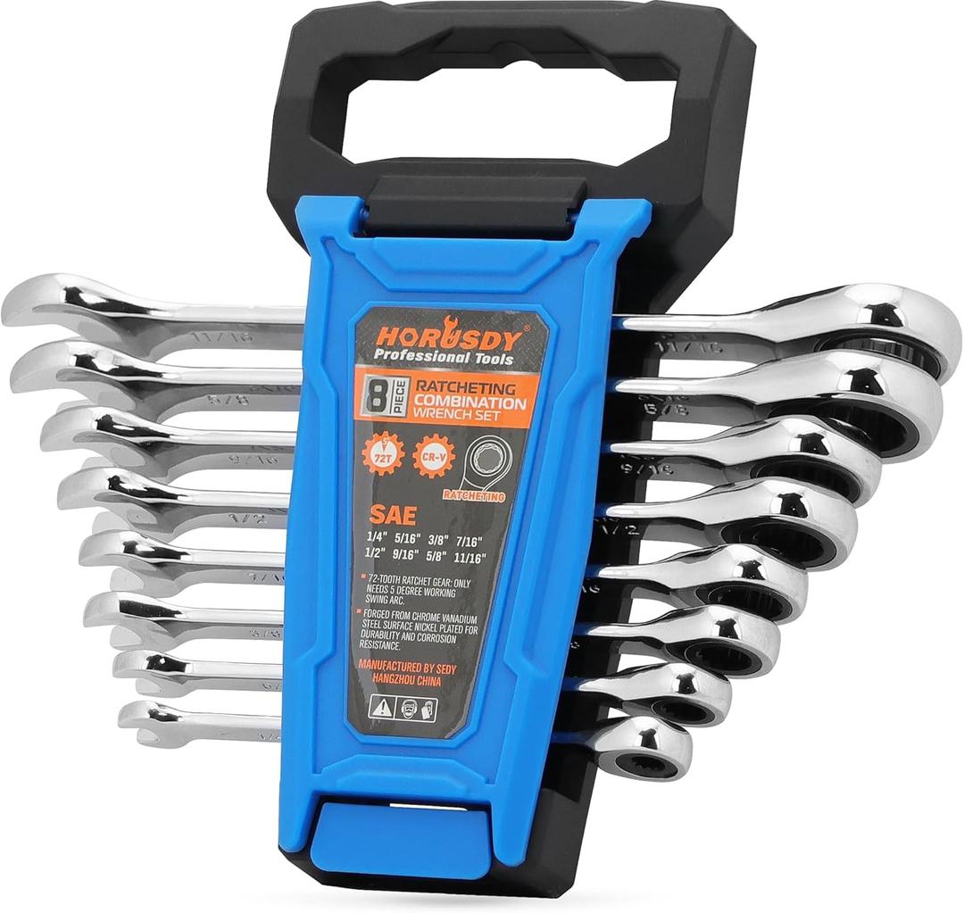 HORUSDY Combination Ratchet Wrenches Set with SAE | 8 Pieces Wrench Set with Wrench Organizer | 72-Tooth | 5 Swing Arc | 1/4" - 11/16" | Chrome Vanadium Steel