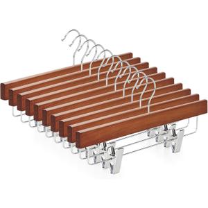TOPIA HANGER Lotus Wood Pants Hangers, Walnut Wooden Skirt Short Jeans Trouser Hanger with Smooth Surface 360 Swivel Hook Anti Rust 2 Adjustable Clips, 10 Pack CT10PWA