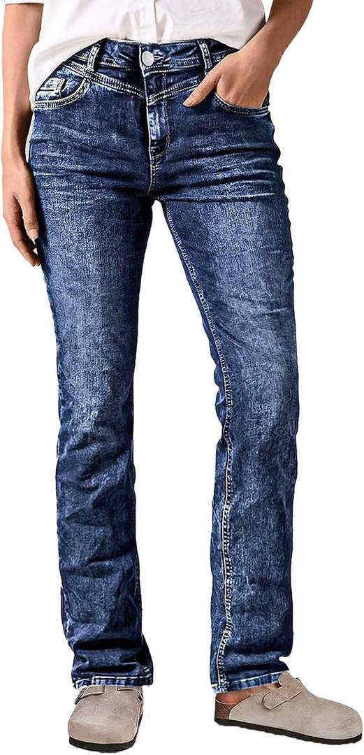 Flamingals Straight Leg Mid Waist Wash Casual Jeans for Women Distressed Stretchy Denim Pants M