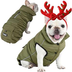 Dog Winter Puffer Jacket Waterproof, Reflective Furry Fleece Lined Dog Coats for Small Medium Dogs, Warm Snow Coat, Insulated Cold Weather Dogs Vest Jackets with Leash Hole, Olive (15-25lb (Chest:18"-20",Back:15.2"))