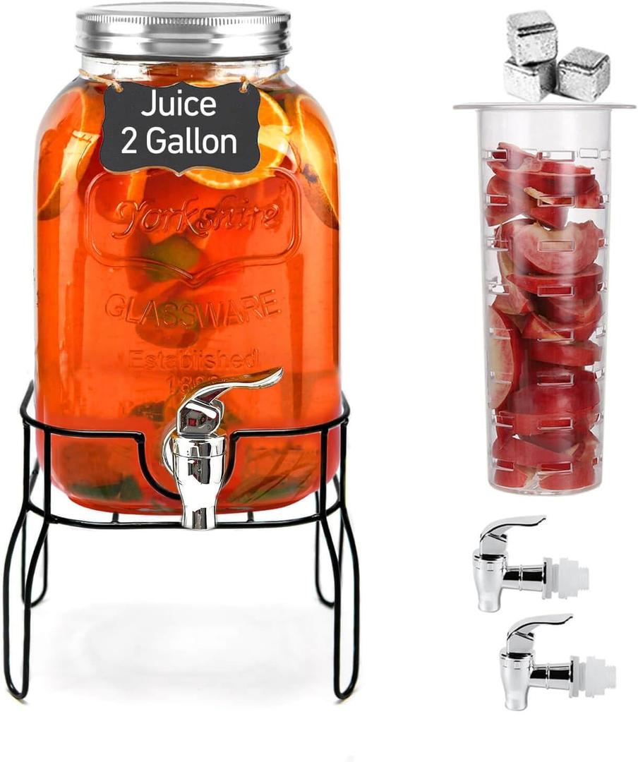 2 Gallon Drink Dispenser with 2 Press Type Spigot, Sun Tea Glass Mason Jar for Outside, Iced Lemonade Beverage Dispenser with Fruit Infuser, Large Water Juice Jug, Punch Dispenser for Parties