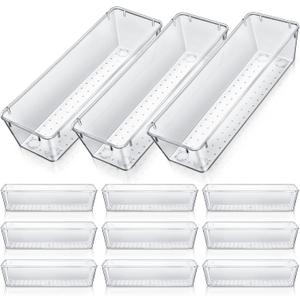 Maitys 12 Pcs Clear Drawer Organizer 9 x 3 x 2 Inches Plastic Rectangle Trays Makeup Vanity Storage Bins and Kitchen Drawers Dividers for Office Desk Silverware Kitchen Utensils(Clear)