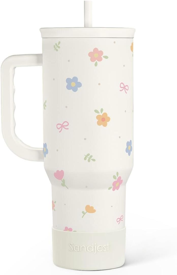 Sandjest Floral 40oz Slider Tumbler with Handle and Straw - Insulated Stainless Steel Travel Coffee Mug for Women Girls, Gift for Birthday Christmas