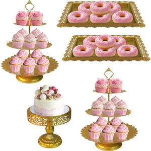 5 Pcs Gold Metal Cake Stand Sets for Birthday, Cakes and Cupcakes Stand for Wedding, Golden Dessert Table Display Set for Party, Desserts Stand with Gold Trays for Candy Bar Baby Shower