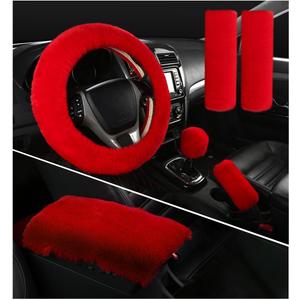 6 PCS Fluffy Steering Wheel Covers Set, 15'' Furry Car Wheel Cover, Soft Gear Shift & Handbrake Cover, Center Console & Seat Belt Shoulder Pads for Women, Car Accessories (Red)