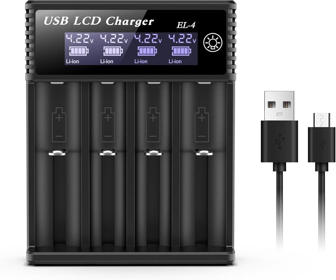 18650 Battery Charger,4 Bay 3.7V Li-ion Battery Charger with Smart LCD Display 2A Fast Charging for Rechargeable Batteries Lithium NI-MH NI-Cd AA AAA C 18650 18350 18700 21700 26650 14500 16340