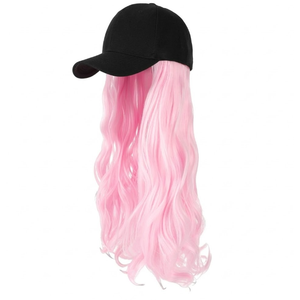 Baseball Hat Wig,Hat with Hair attached 24'' Adjustable Black Cap with Long Wavy Synthetic Hair Extensions for Women Girls(Light Pink)