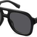 Oversized Flat Top Sunglasses for Women Men, Retro 70s Chunky Aviator Style with Double Bridge, Trendy Square Shades (Black Frame - Grey Lens)