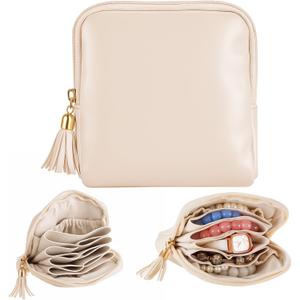 1 Pc Small Travel Jewelry Case Bridesmaid Gift for Bachelorette Wedding Day, Mini Jewelry Pouch Organizer Bag with Zipper, Portable Waterproof Velvet Jewelries Bag for Rings, Necklaces (Beige)